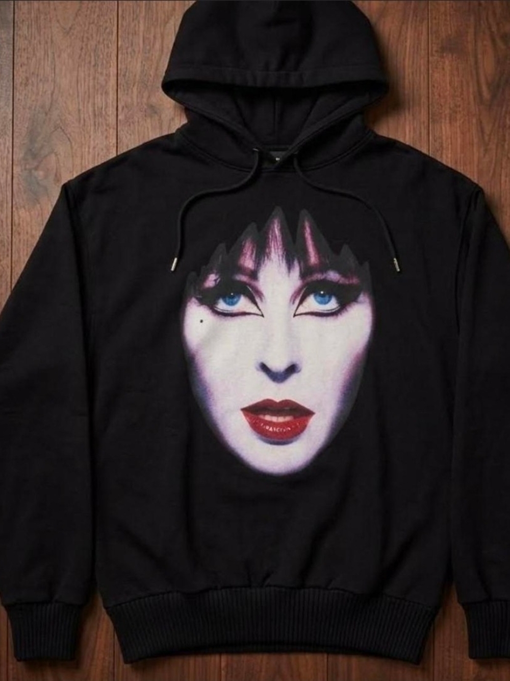 Dolls Kill Black Pullover Hoodie with Blue Eye and Red Lip Face Graphic